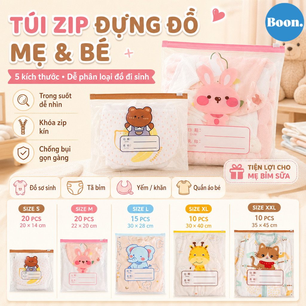 Túi Zip Đựng Đồ Sơ Sinh 10/20 Cái,Túi Đựng Đồ Đi Sinh Cho Mẹ Và Bé,Trong Suốt,dung tích lớn,trong suốt in hình hoạt hình