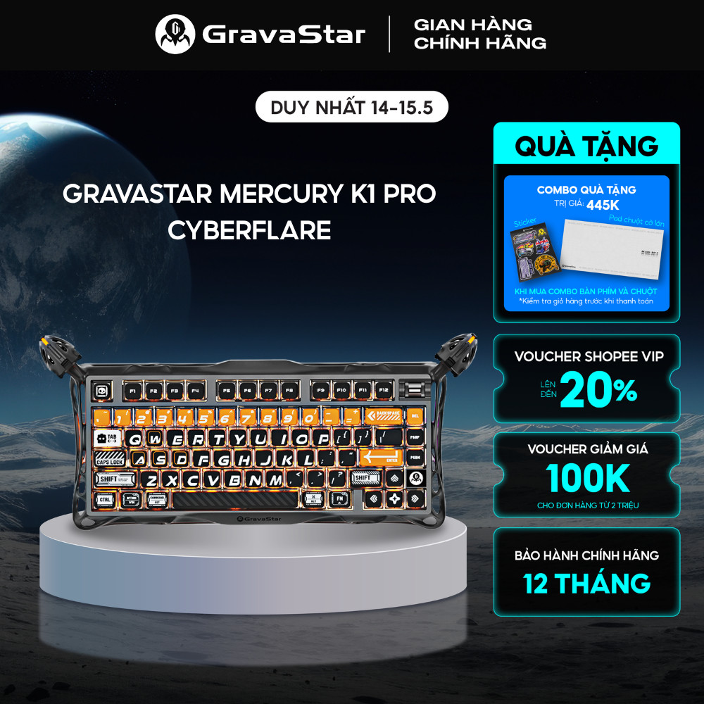 Bàn phím cơ Gaming Gravastar Mercury K1 Pro CyberFlare - RGB, Hot-Swap, Khung nhôm, 3 Mode kết nối, 