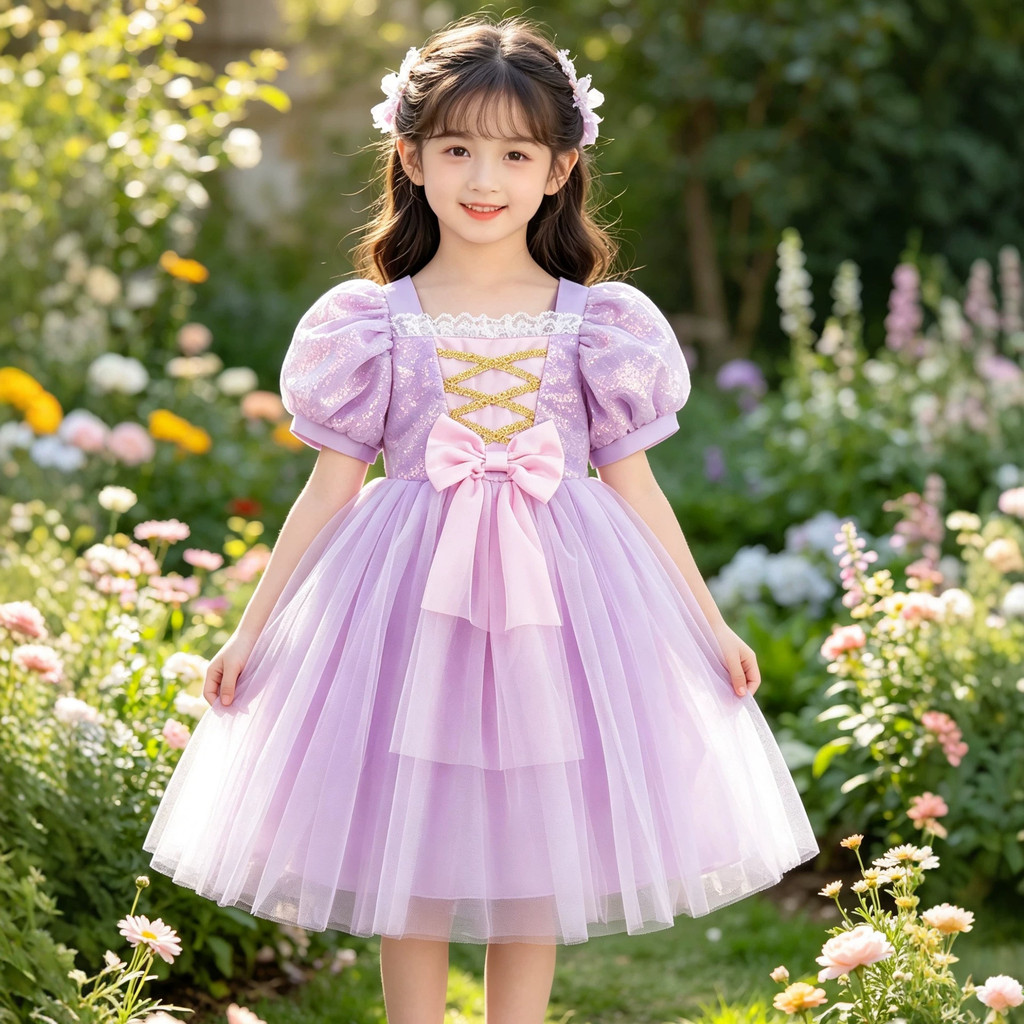 Bé Gái Sophia Rapunzel Puffy Đầm Dự Tiệc Gạc Khâu Nơ Đầm Công Chúa 60318