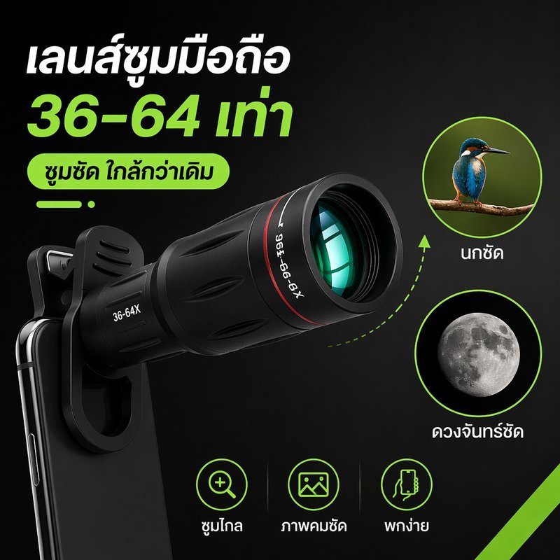 Ống kính Zoom di động Telephoto 36x 64x Hình ảnh rõ ràng hd Kẹp điện thoại Chim xem buổi hòa nhạc Th