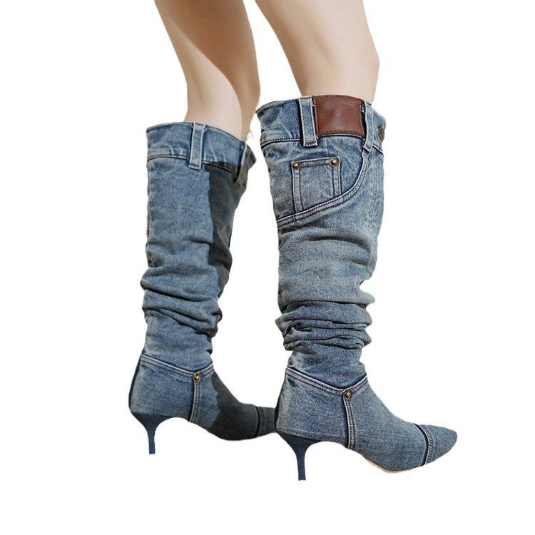 2025 Niche American Hot Girl Big Tube Boots Washed Cowboy Pile Boots Nữ mũi nhọn Stiletto Stiletto T