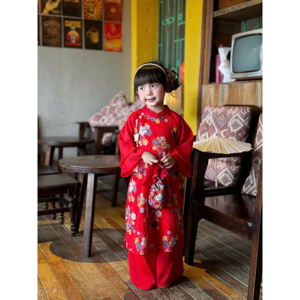 [JUNE withlove] AD15 - Áo Dài Nhung Hoa Nhí Đỏ Cho Bé Gái – Chất Nhung Mềm Mịn, Dáng Đẹp, Mặc Tết Sa
