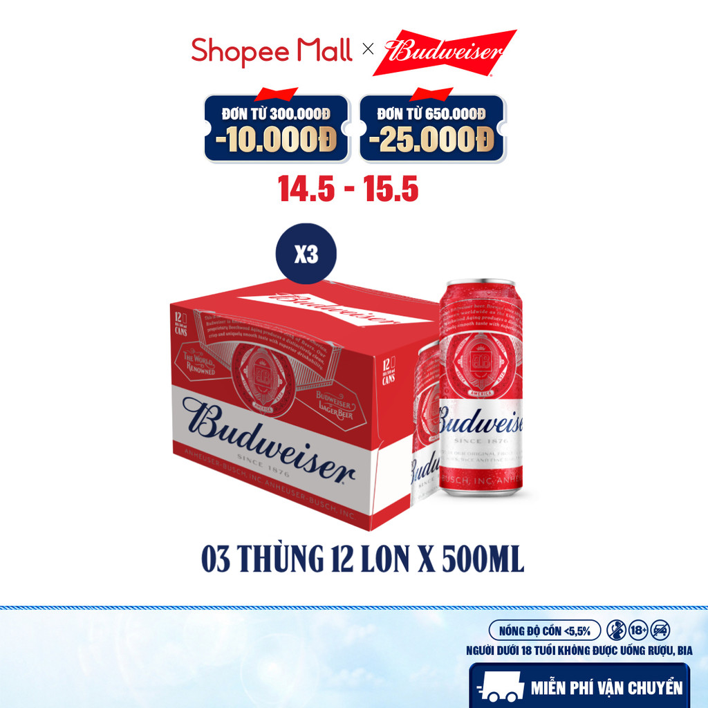 Nồng Độ Cồn 5.0% - Combo 3 Thùng 12 Lon Bia Budweiser (500ml/lon)
