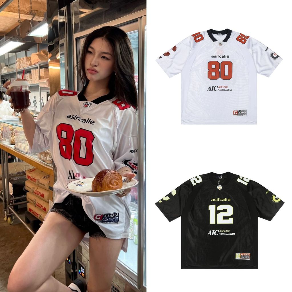 Asifcalie Printed letter and number jersey, short-sleeved, loose, casual, sporty style T Shirt minji