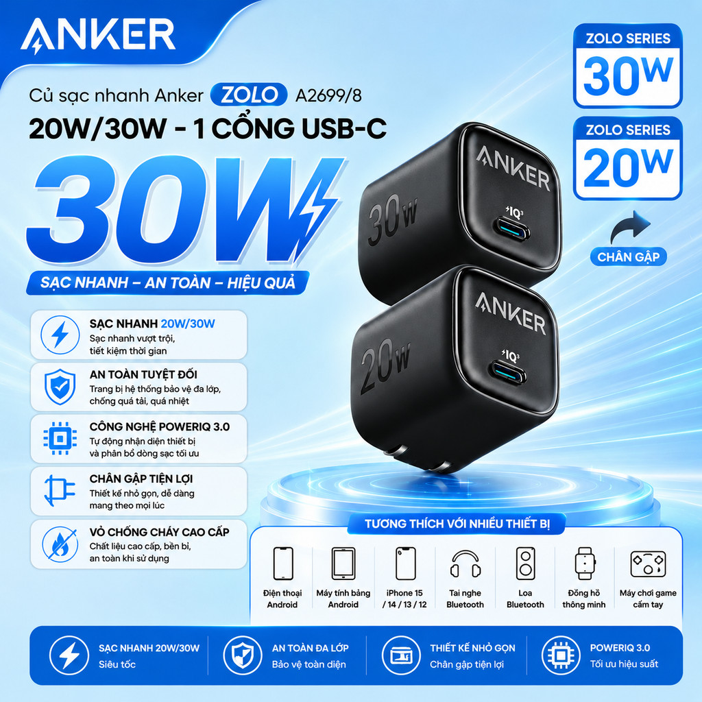 Củ sạc nhanh Anker Zolo GaN 20W/ 30W | 1 cổng USB-C | Sạc nhanh Power IQ 3.0 | Chân gập gấp gọn tiện lợi - A2699 | BigBuy360 - bigbuy360.vn