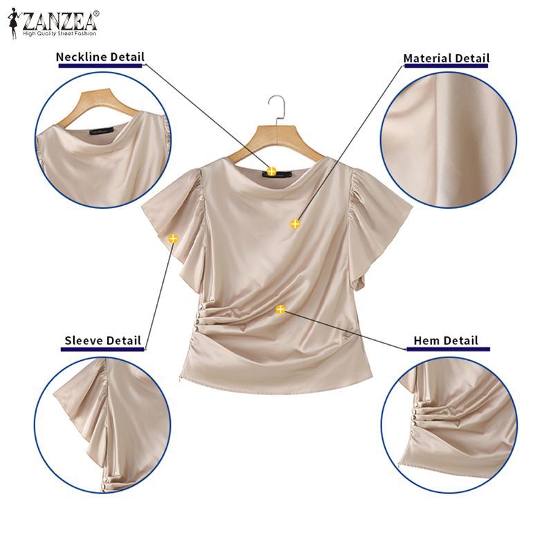 ZANZEA Nữ Vintage Thanh Lịch Sang Trọng Cổ Xoay Ruffle Tay Áo Xếp Ly Satin Chắc Chắn Áo | BigBuy360 - bigbuy360.vn