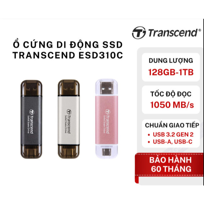 Ổ Cứng di Động SSD Transcend ESD310C, USB 3.2 Gen 2x1, Type-C, 1050MB/s - 128GB, 256GB, 512GB, 1TB