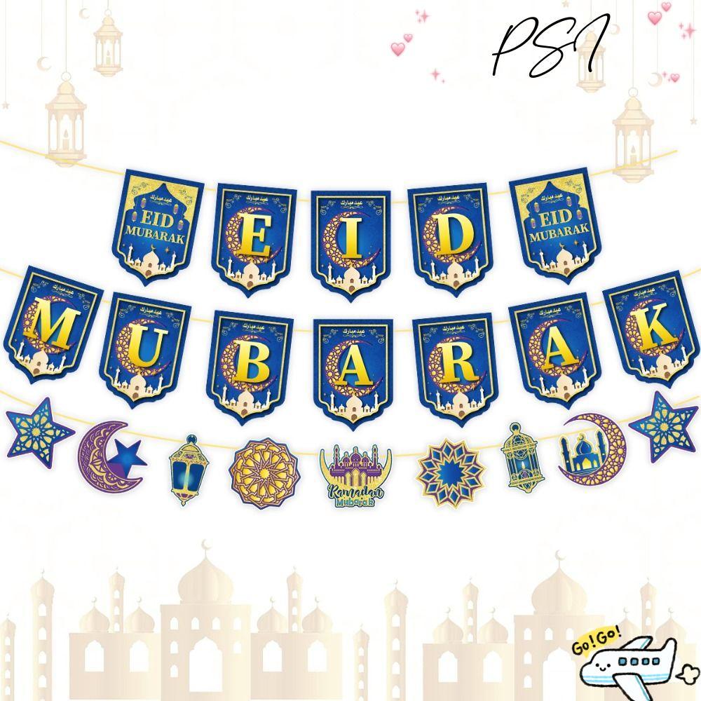 PSI Eid al-Fitr Giấy Bunting, Mặt Trăng Và Ngôi Sao Hồi Giáo Eid Mubarak Biểu Ngữ, Bunting Trang Trí