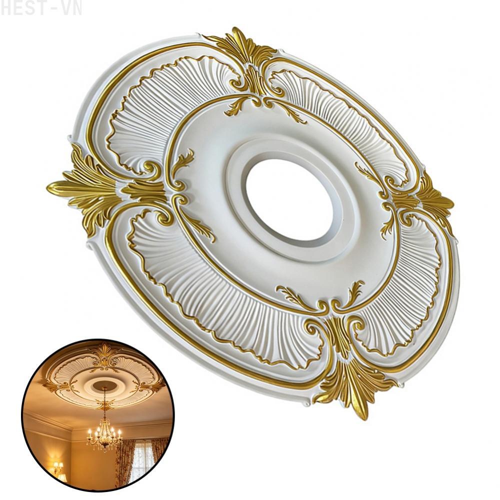 Ornate PU Ceiling Medallion with Gold Accents, Chandelier Canopy Cover