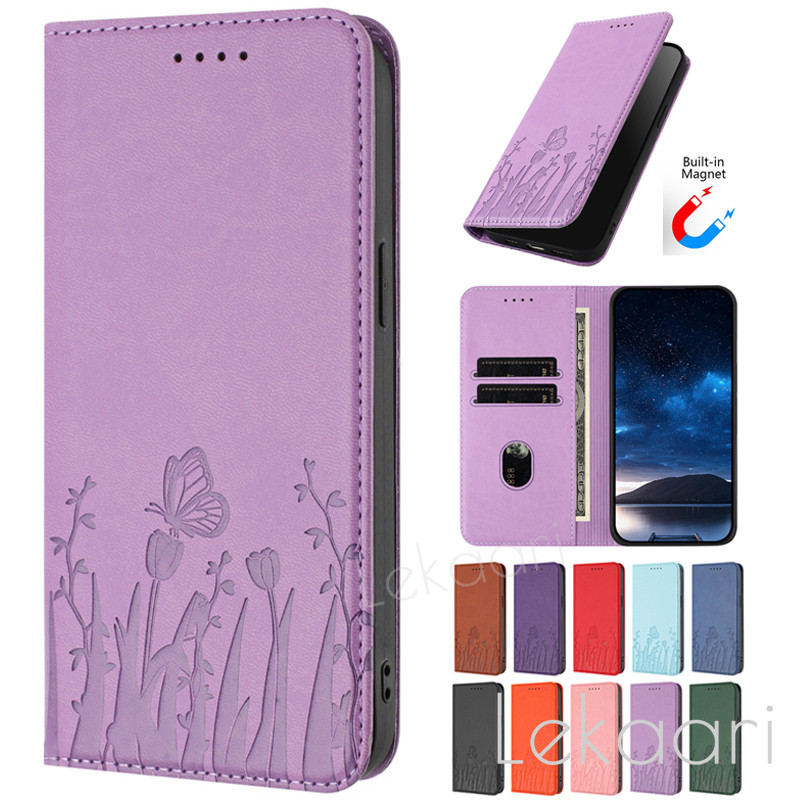 Ốp Lật Da Cho Samsung Galaxy A37 A57 A17 A07 A16 A26 A06 A36 A56 A25 A05 A55 M56 M05 F05 Bướm Tulip 