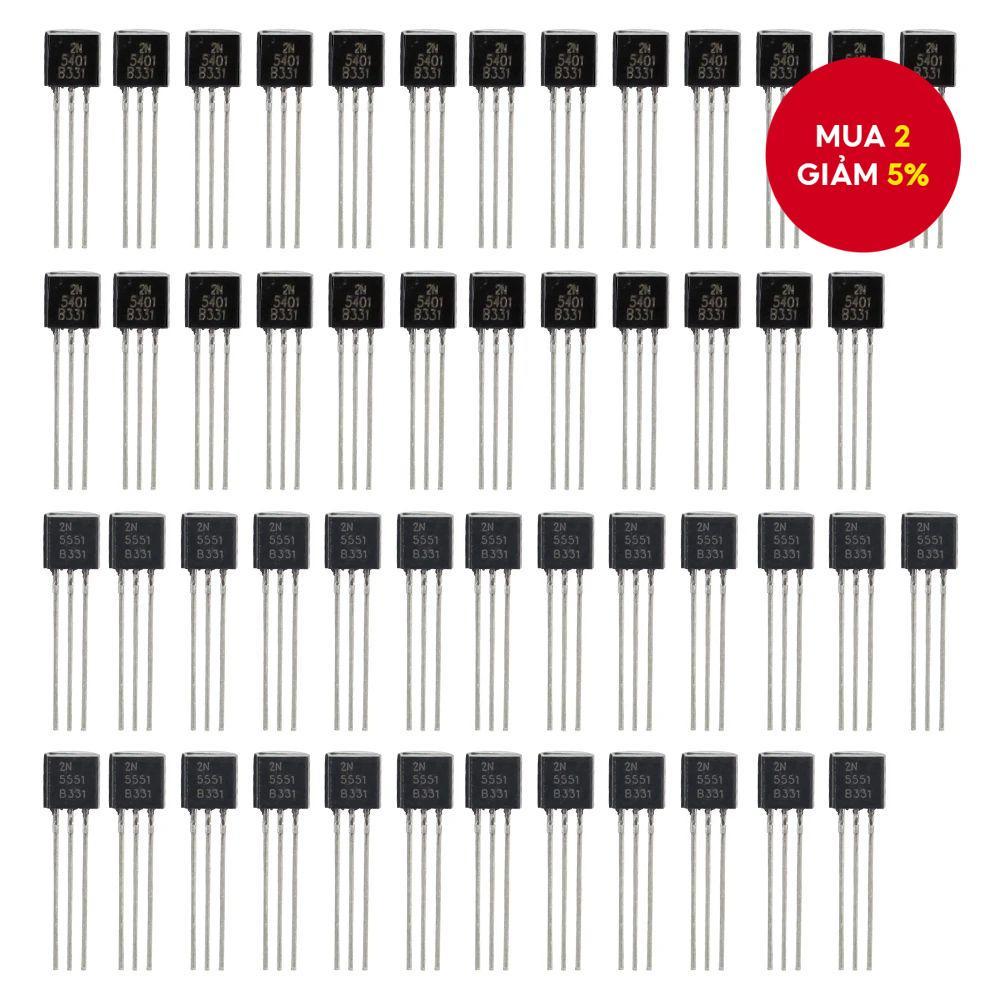 Bộ 50 chiếc bóng bán dẫn chuyển mạch BJT TO-92: 2N5551 và 2N5401 loại NPN