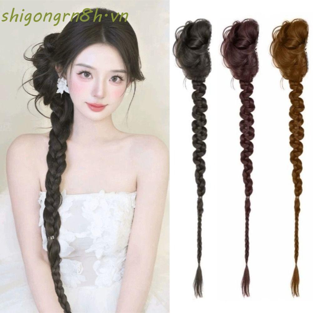 SHIGONG Twist Braids Bun Tóc giả, Claw Clip Side-Tied Long Braids Buns Hairpiece, Băng đô hợp thời t