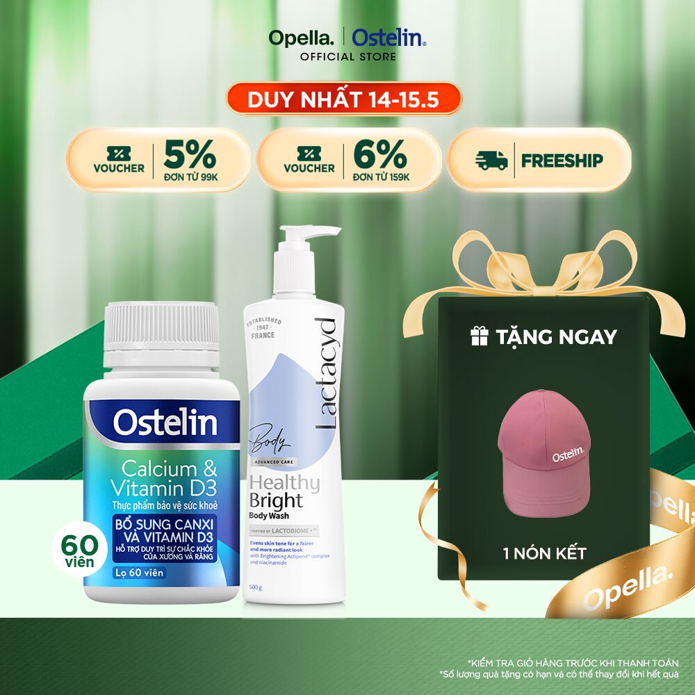 Ostelin Viên Uống Hỗ Trợ Bổ Sung Calcium & Vitamin D3 60 viên + Sữa tắm Lactacyd Healthy Bright 500m