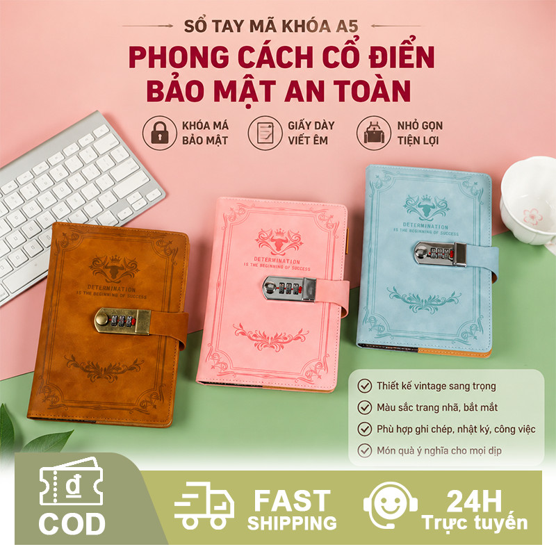 Sổ A5 notebook bìa da PU cao cấp, có khóa mật khẩu 200 trang, sổ tay nhật ký retro