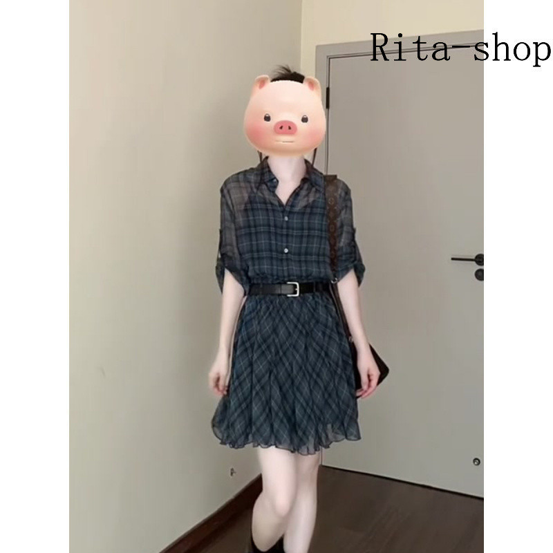 [Pre-Order] Váy Sơ Mi Caro Xanh Phong Cách Hàn Quốc Thanh Lịch Dáng Suông Che Dáng Hot Trend | BigBuy360 - bigbuy360.vn
