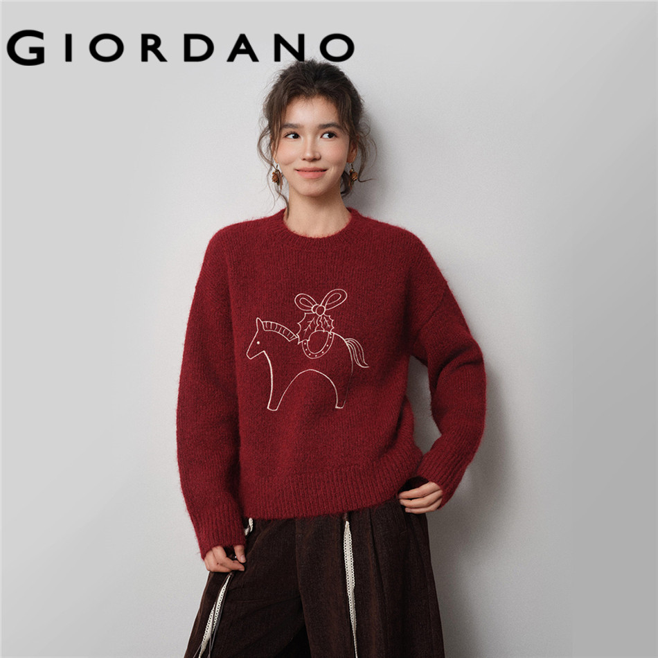GIORDANO WOMEN Pony embroidery loose sweater 18355725