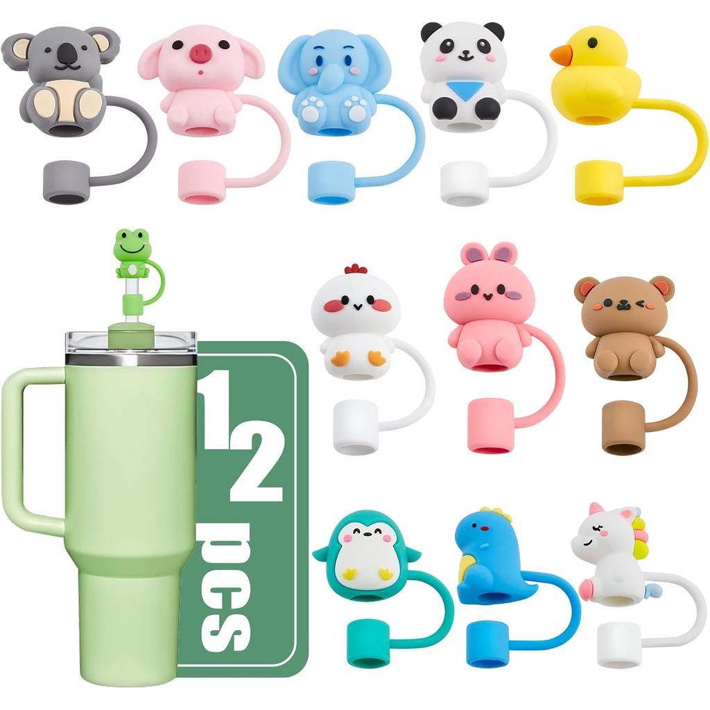 12 Chiếc Ống Hút Silicon Toppers Cho Ly Stanley, 3D Có Thể Tái Sử Dụng Dễ Thương Nắp Động Vật Mũ Tra