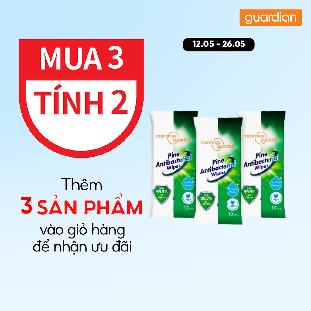 Khăn Ướt Kháng Khuẩn Mannings Guardian Antibacterial Fragrance Free Wipes Không Hương (3 Gói) | Guar