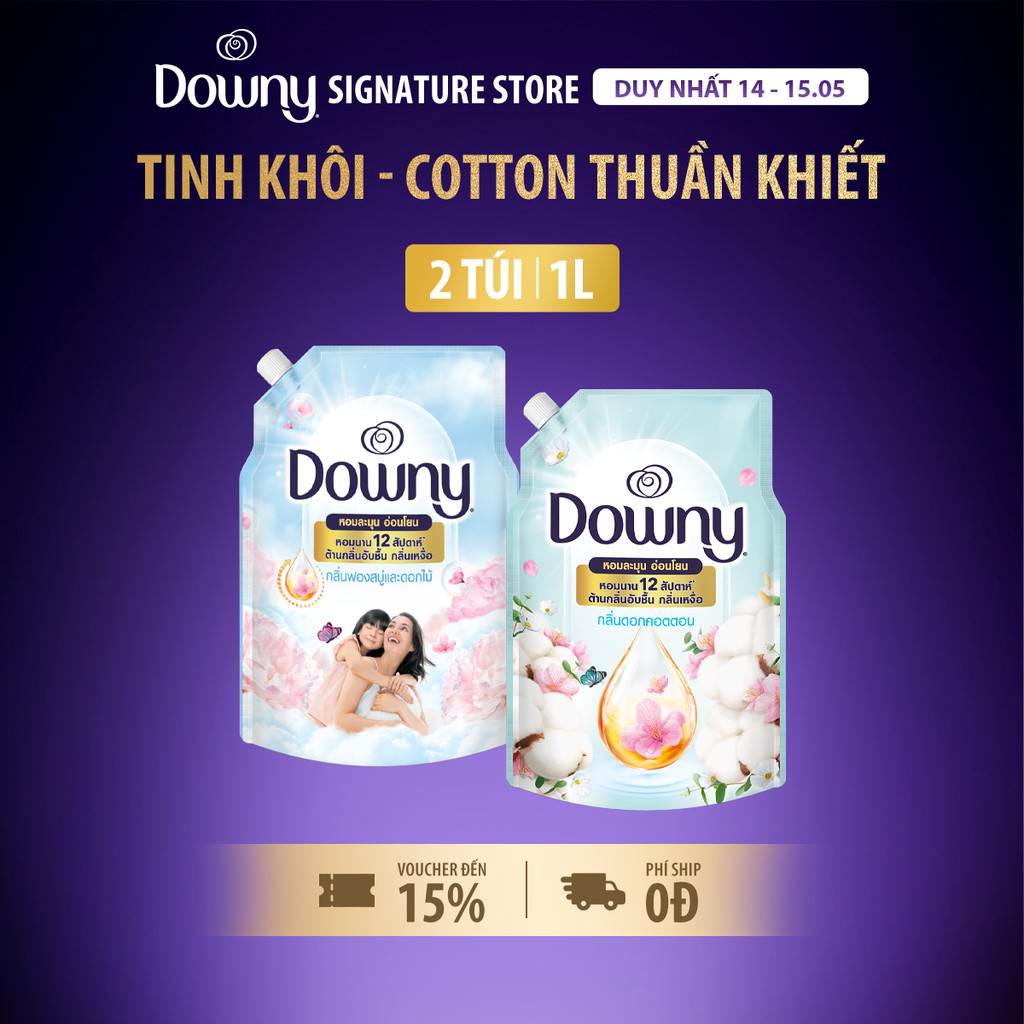 Combo Nước Xả Vải Downy Mix Mùi Tinh Khôi 1L + Cotton Thuần Khiết 1L