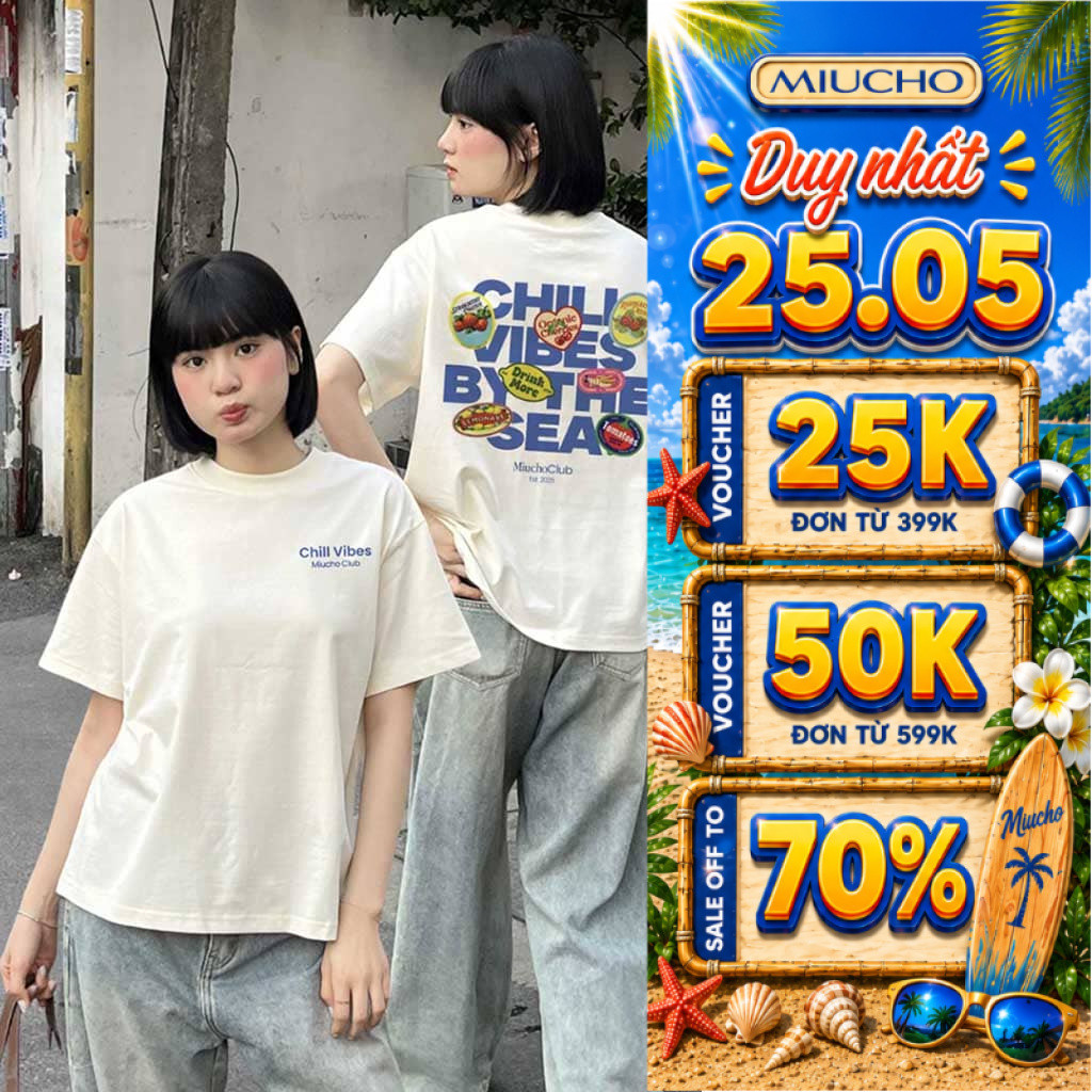 Áo Thun Boxy Miucho Chill Vibes Thoáng Mát Tay Ngắn Cổ Tròn Đứng Form In Mix 2104