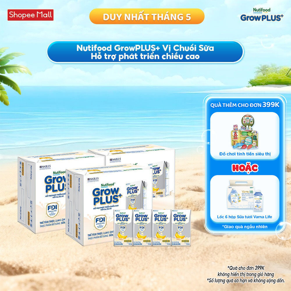 Combo 3 Thùng 24 hộp Sữa bột pha sẵn Nutifood Sweden GrowPLUS+ Vị Chuối Sữa hộp 110ml Trên 1 tuổi