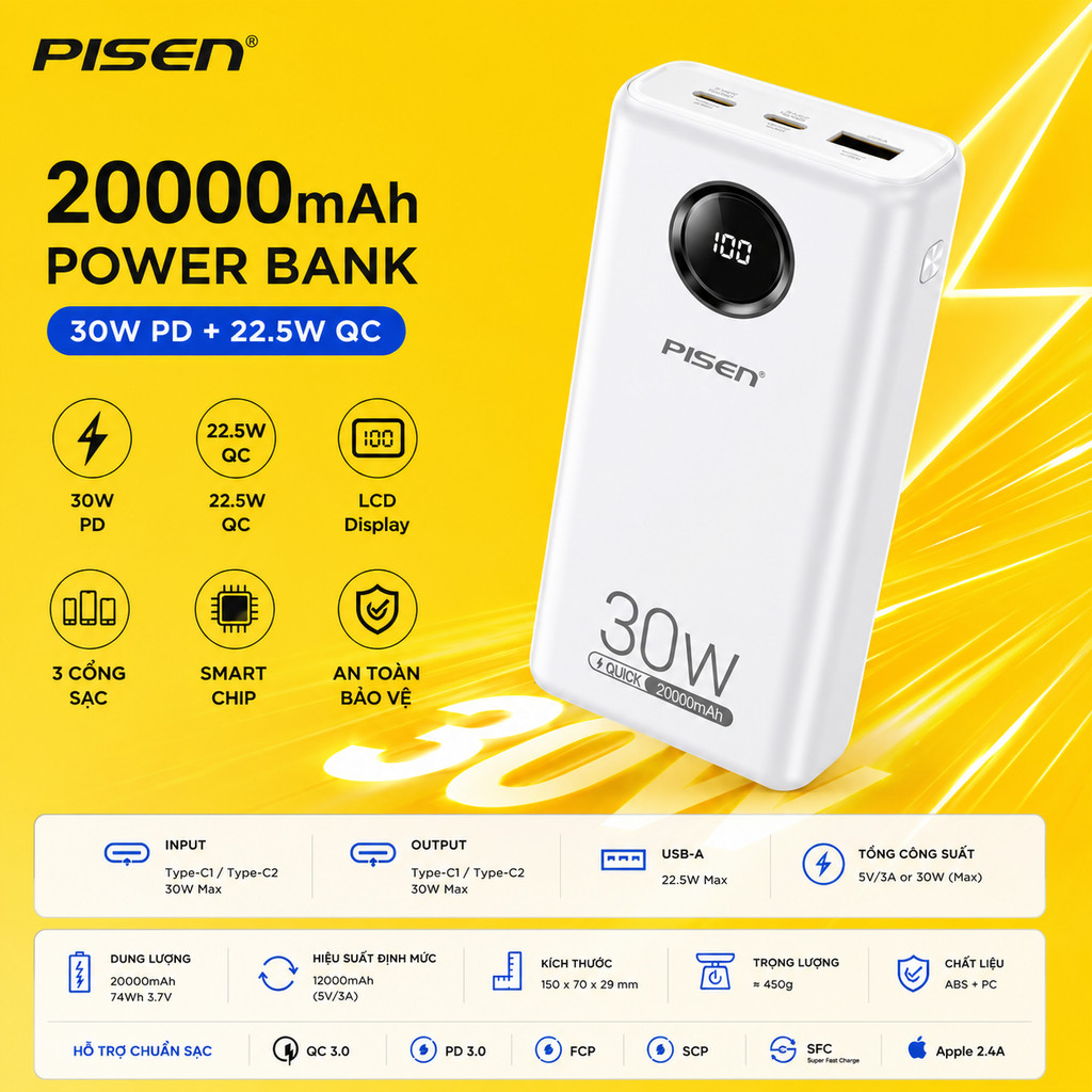 Pin dự phòng siêu nhanh Pisen TS-D337 20000mAh hỗ trợ 2 cổng sạc typec in/out - QC 22.5W và PD 30W