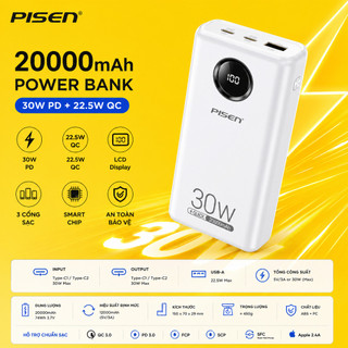 Pin dự phòng siêu nhanh Pisen TS-D337 20000mAh hỗ trợ 2 cổng sạc typec in/out - QC 22.5W và PD 30W