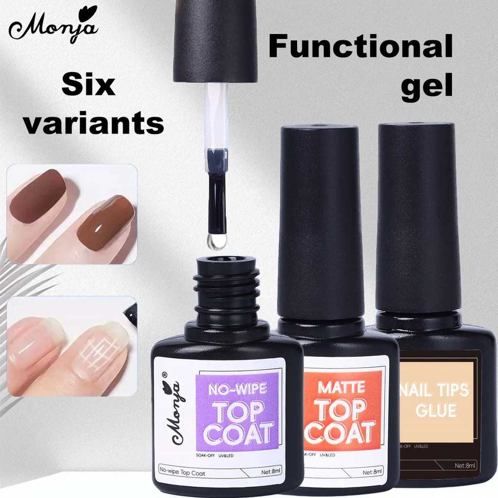 Monja 8ml 6 Cái / bộ Nail Art Gel Varnish Base Coat No-Wipe Top Coat Matte Top Coat Tempered Top Coa