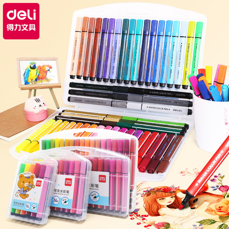 Deli 70720 Hoạt Hình Tam Giác Thanh Bút Màu Nước 12 / 24 / 36 / 48 Bộ Bàn Chải Màu Có Thể Giặt Được 