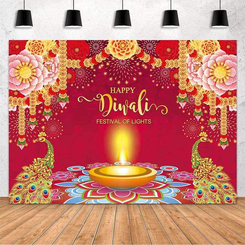 MEHOFOND 7x5ft Happy Diwali Phông Nền Lễ Hội Đèn Diwali Trang Trí Biểu Ngữ Lễ Hội Ấn Độ Đèn Con Công