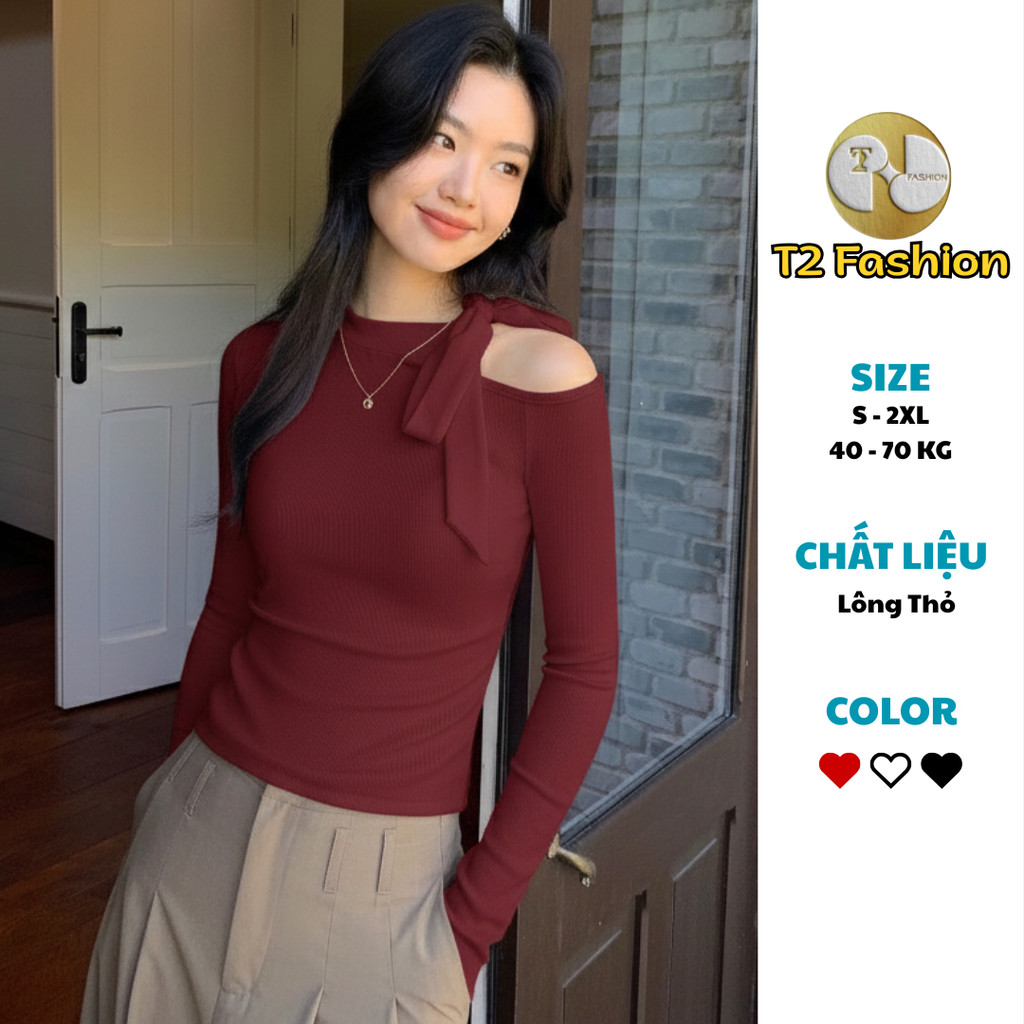 T602 Áo Giữ Nhiệt Lông Thỏ Trễ Vai Thiết Kế Nơ Cách Điệu - T2 Fashion | BigBuy360 - bigbuy360.vn