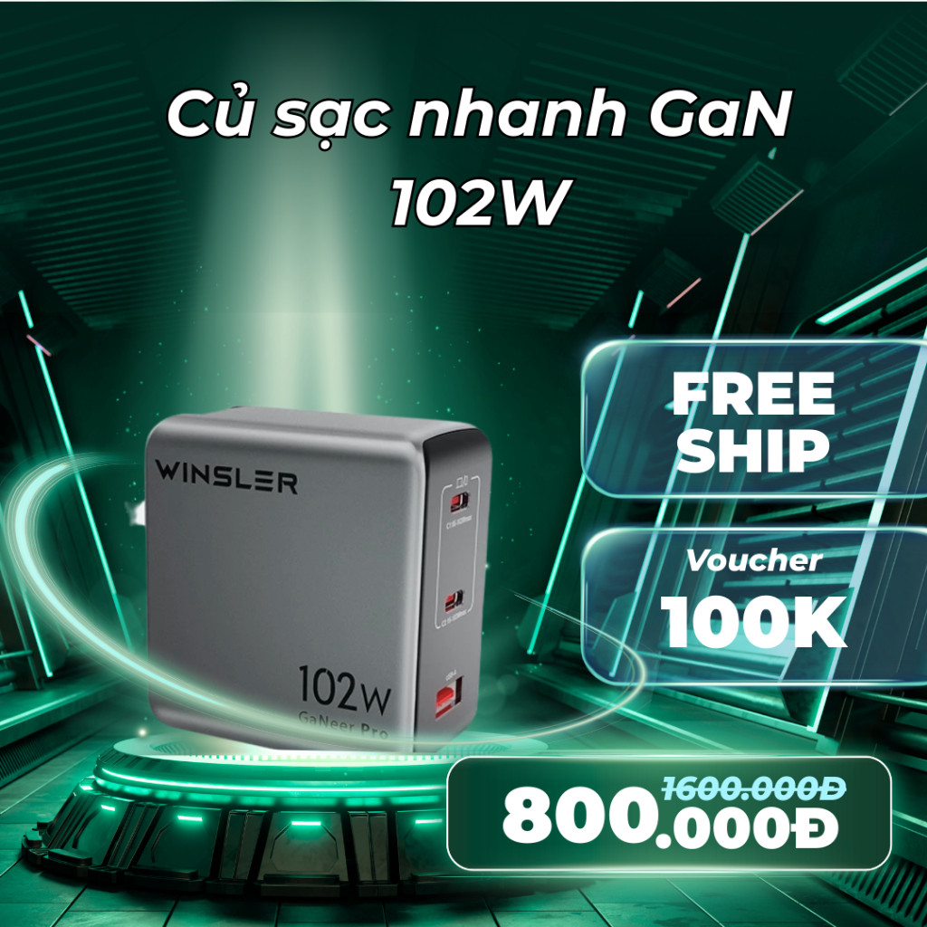 Củ sạc nhanh GaN 102W Winsler 2C1A  nhỏ gọn sạc được cho cả laptop và nhiều dòng điện thoại như IP, 