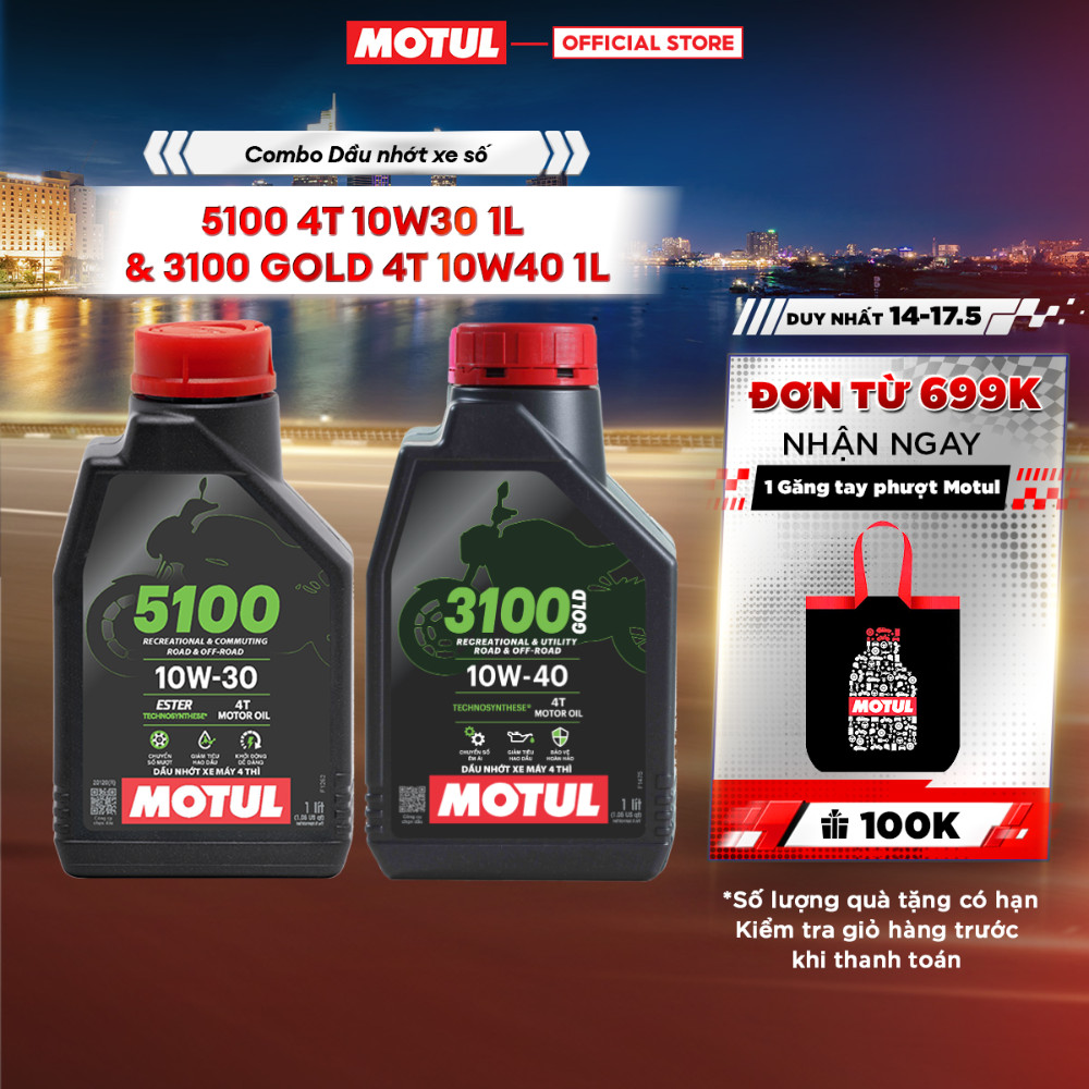 Combo Dầu nhớt xe máy MOTUL 5100 4T 10W30 1L và Dầu nhớt xe Máy MOTUL 3100 GOLD 4T 10W40 1L