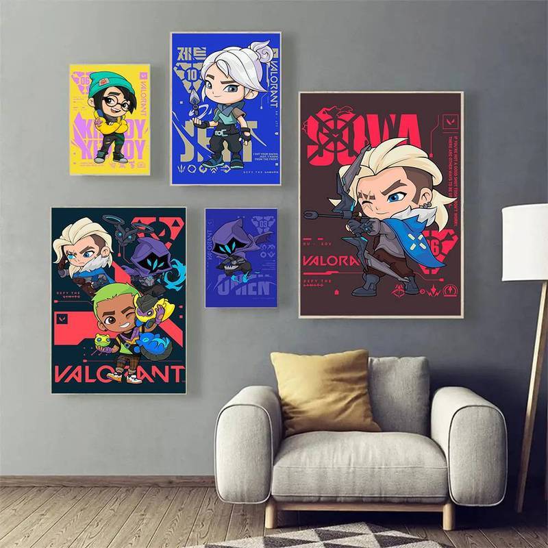 Bộ nghệ thuật treo tường Valorant Chibi, Đại lý dễ thương Killjoy Jett & Gekko Canvas In họa tiết kh