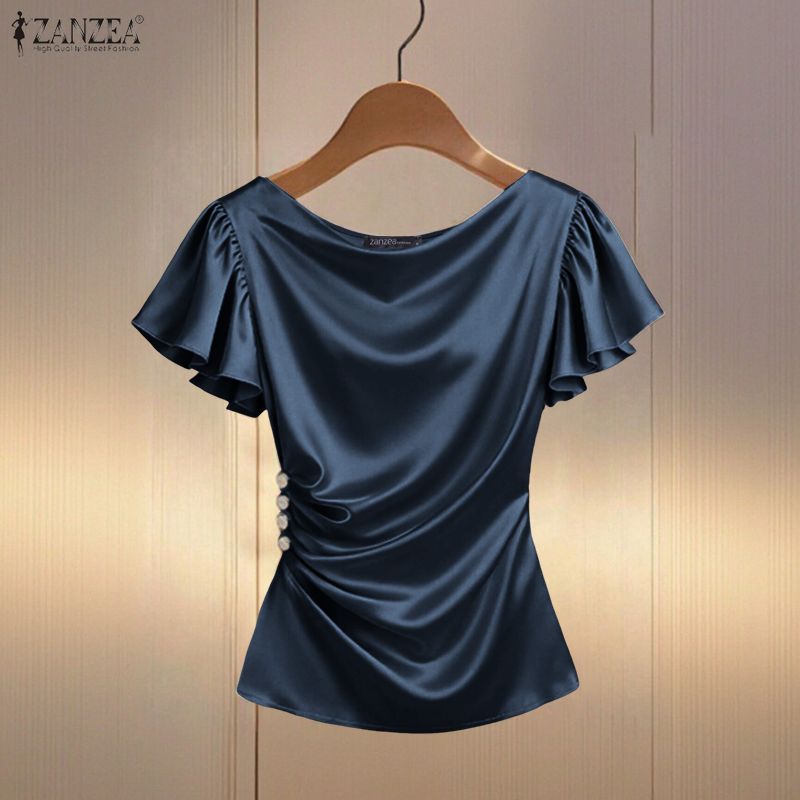 ZANZEA Nữ Vintage Thanh Lịch Sang Trọng Cổ Xoay Ruffle Tay Áo Xếp Ly Satin Chắc Chắn Áo | BigBuy360 - bigbuy360.vn
