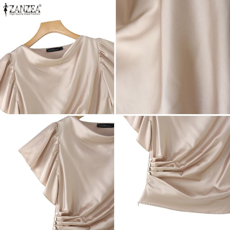 ZANZEA Nữ Vintage Thanh Lịch Sang Trọng Cổ Xoay Ruffle Tay Áo Xếp Ly Satin Chắc Chắn Áo | BigBuy360 - bigbuy360.vn