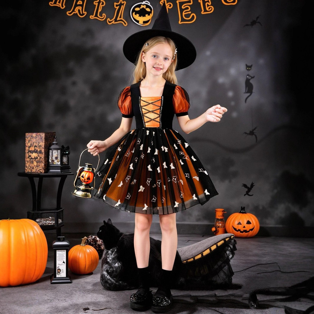2025 Halloween Trẻ Em Trang Phục cospaly Trang Phục Bé Gái Tay Phồng Gạc Đầm 60318