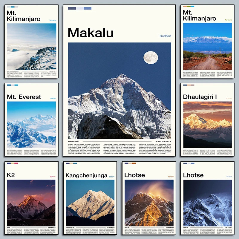 Áp phích núi nổi tiếng Mount Kilimanjaro, Bản in ảnh Mount Everest K2, Tranh vải, Hình ảnh treo tườn