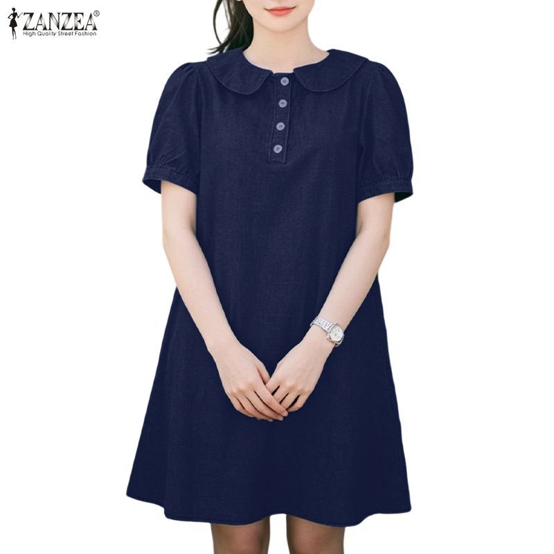 ZANZEA Nữ Thời Trang Hàn Quốc Cổ Peter Pan Tay Ngắn Tay Phồng Giả Denim Nửa Mở Đầm