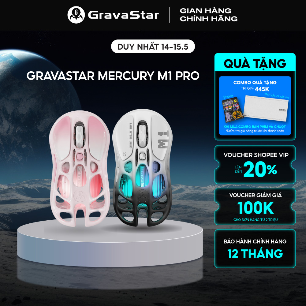 Chuột Gaming không dây GravaStar Mercury M1 Pro - Hợp kim Magie, Cảm biến PAW3395, 26000DPI, 3 mode 