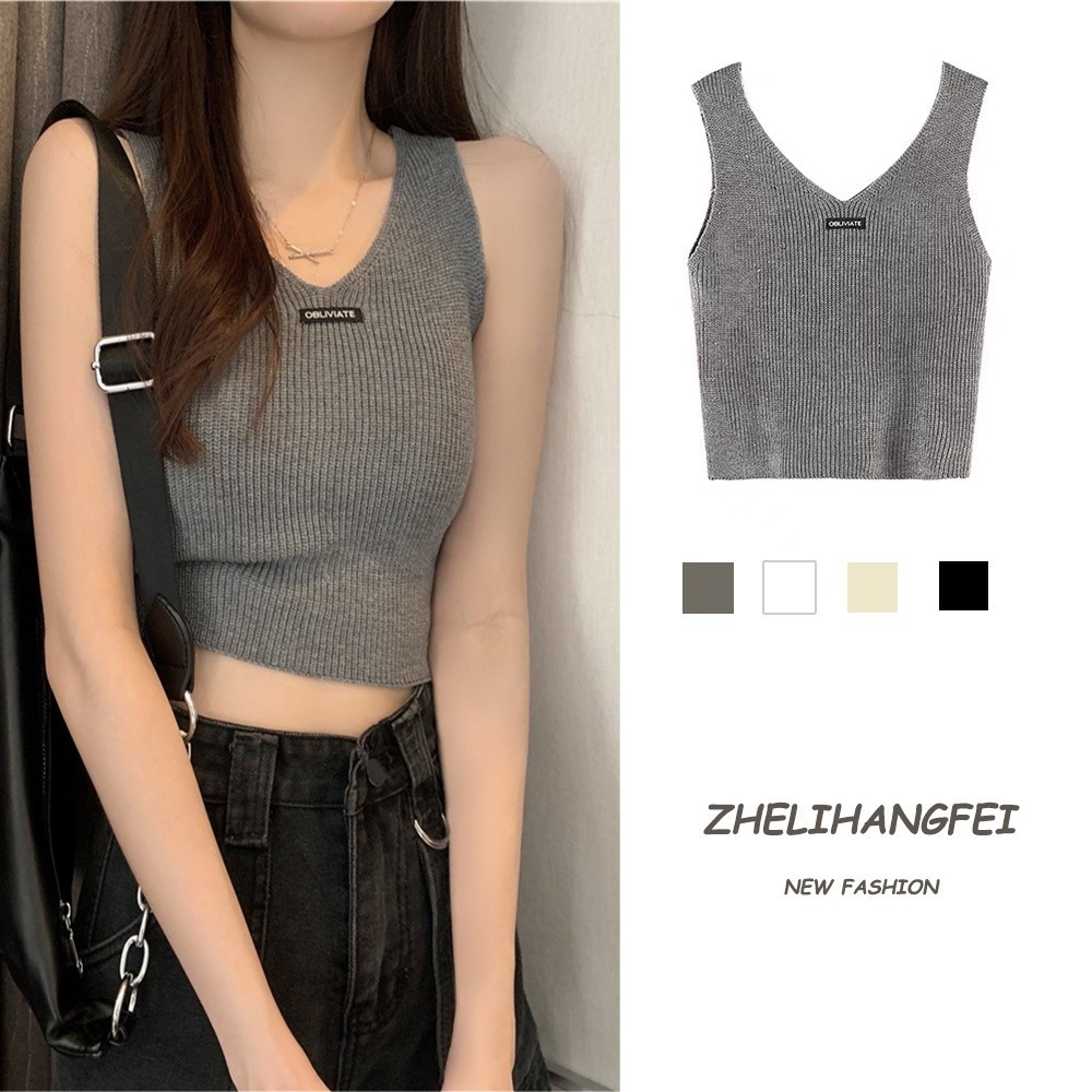 H-Dress shop Áo dệt kim không tay thiết kế ngọt ngào phong cách Mỹ 9397