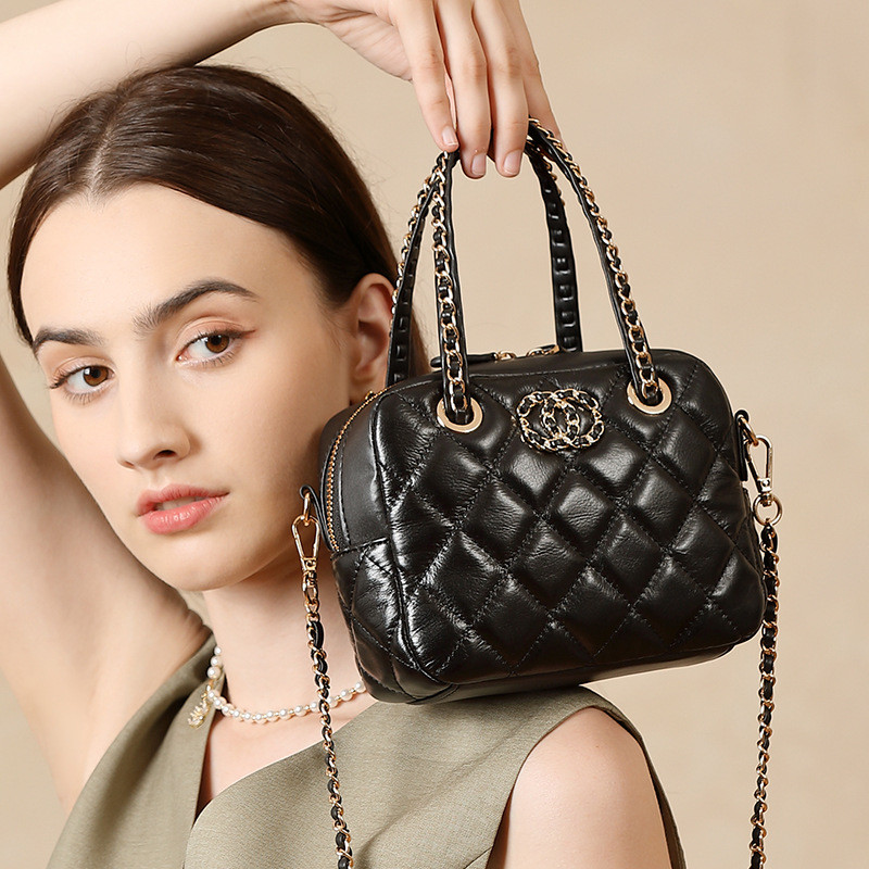 Da Thật Chính Hãng Lớp Đầu Tiên Da Bò Kim Cương Túi Dây Xích Bowling Đeo Ngang Túi Máy Ảnh Di Động