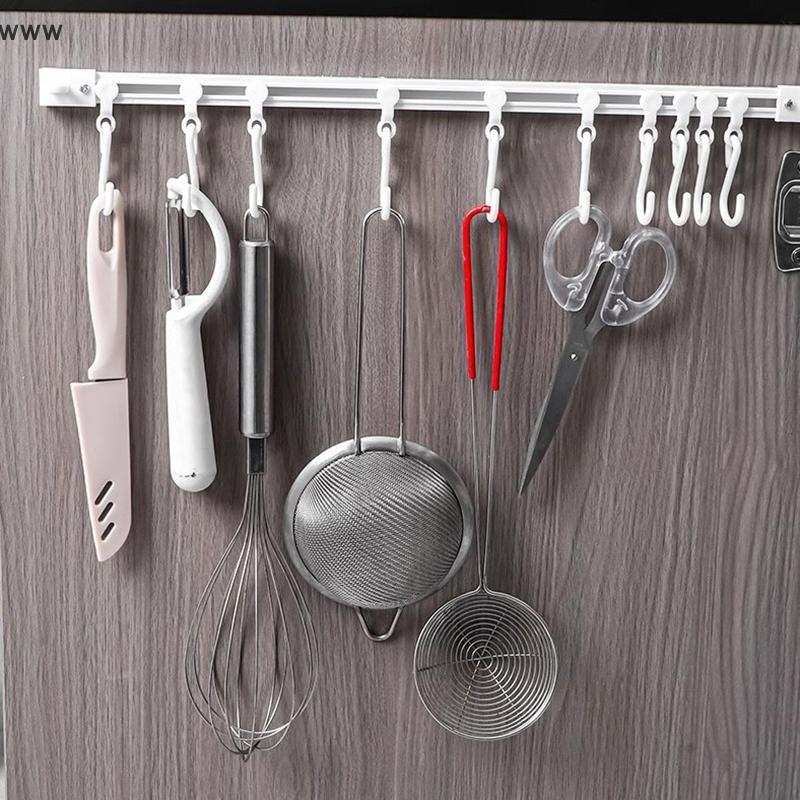 [auz] Plastic Track Row Hooks Non Punching Wall Mounted Long Row Hook With Removable Hooks Self-adhe