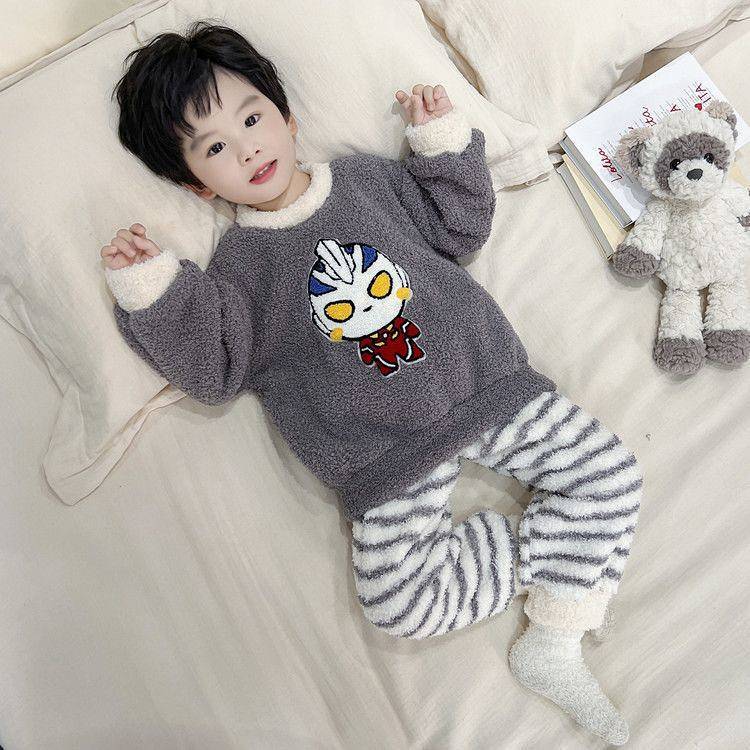 Ultraman Boy Coral Velvet Pajamas Autumn and Winter Thickened Boy Boy Baby Boy Flannel Warm Children