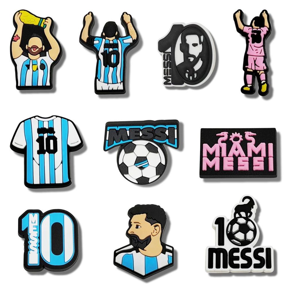 Set charm cầu thủ MESSI gắn dép cross, Nút gắn jibbitz sticker bóng đá M10 dép cross cham 2D nhựa PV