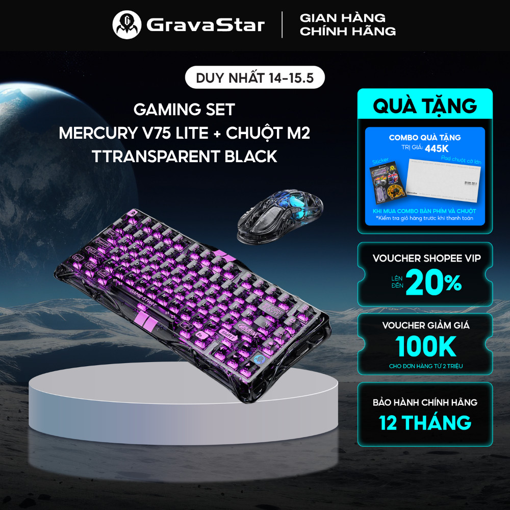 Bàn phím cơ Gaming Gravastar Mercury V75 Lite Magnetic Switch HE Rapid Trigger- Switch từ tính, 8000