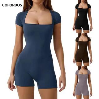 Bộ đồ tập Yoga một mảnh COFORDOS, Bộ áo liền quần tập thể dục ngắn tay một mảnh, Bộ đồ thể thao cổ vuông co giãn màu trơn thời trang dành cho nữ