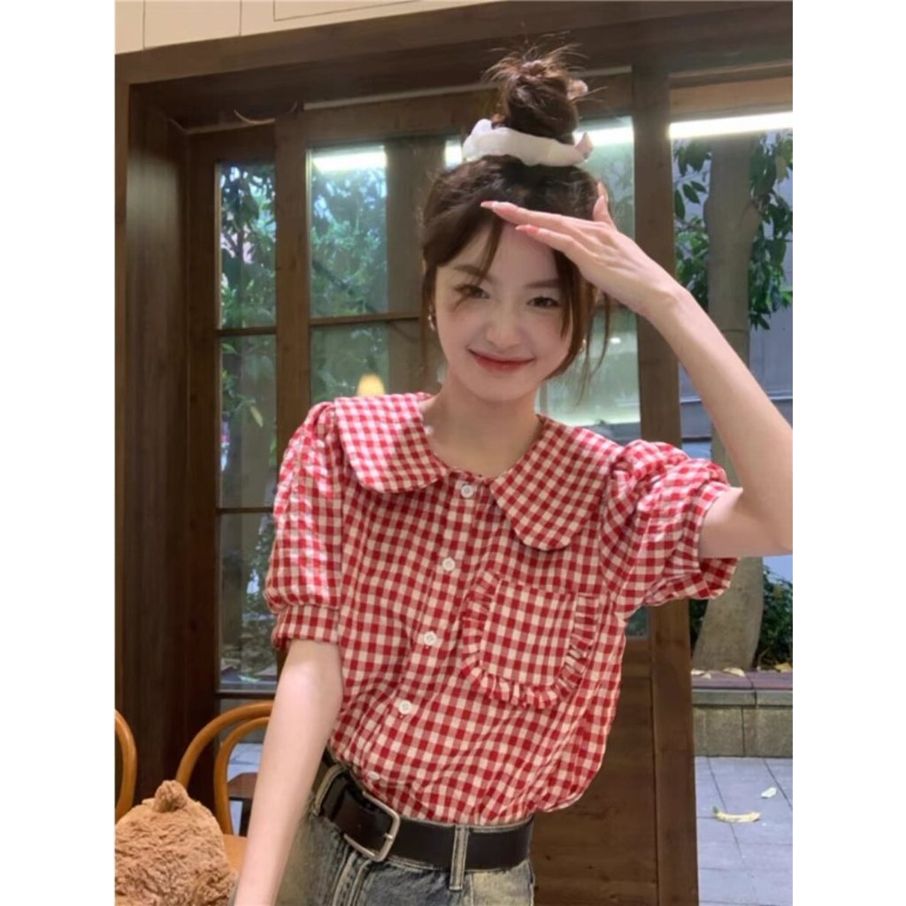 áo kiểu babydoll áo babydoll Áo sơ mi ngắn tay cổ búp bê kẻ sọc đỏ kiểu Pháp cổ điển