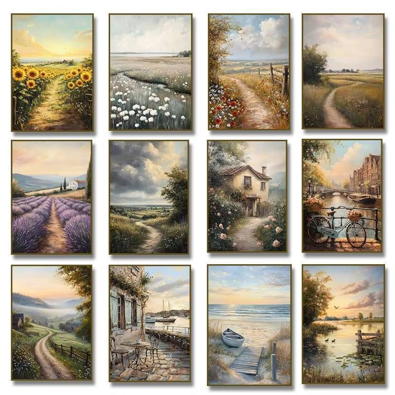 Vintage Amsterdam Country Road Mộc Mạc Cánh Đồng Hoa Áp Phích Bãi Biển Phong Cảnh Canvas Tranh In Tư