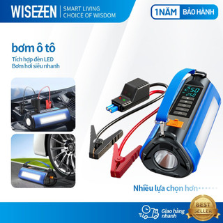  Bơm Lốp Kích Bình Ô Tô 12V Xe Máy 4 in 1 Tổng Hợp Bơm Kích Bình Sạc Dự Phòng Đèn Chiếu Sáng Wisezen 